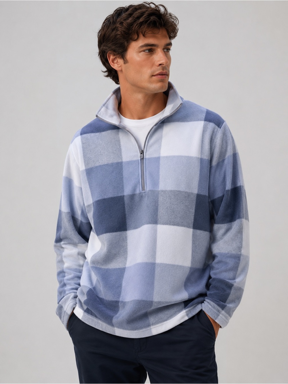Lands' End Men's Blue and Gray Checkered Zip-Up Sweater NWT Size 3X(24W-26W)